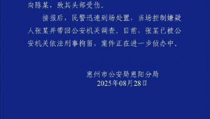 警方通报“女子称因咨询业务被男同事砸头”：张某因工作纠纷用水杯砸伤陈某，已刑拘