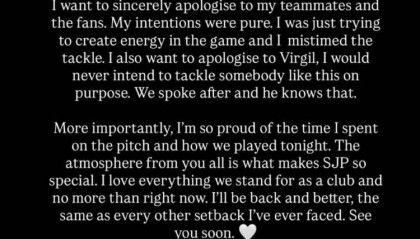 戈登社媒谈染红:我要向范迪克道歉,我绝对不会故意这样铲人