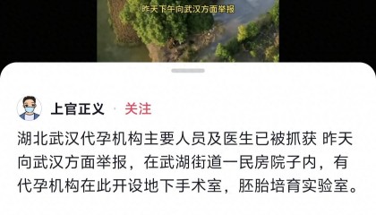 “上官正义”称武汉代孕机构医生来自省妇幼 湖北省妇幼保健院：正在核查