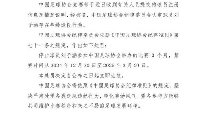 足协官方：球员刘子涵存在年龄造假行为 被禁赛3个月